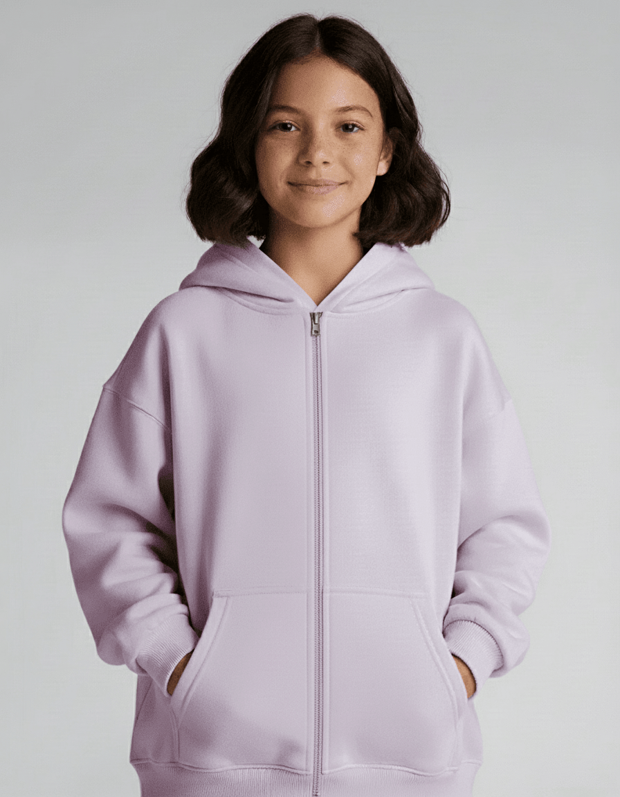 Person wearing al lilac hoodie on a plain background