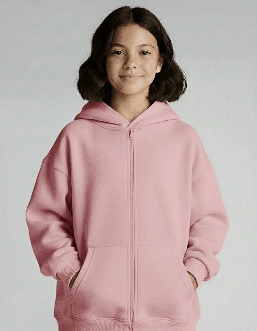 Person wearing a pink hoodie on a plain background