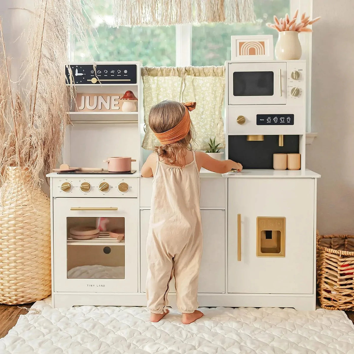 Tiny Land Iconic Wooden Play Kitchen for Kids – Cream Pretend Cooking Set for Kids