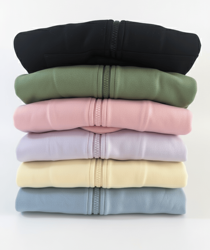 Stack of folded hoodies in various colors on a white background