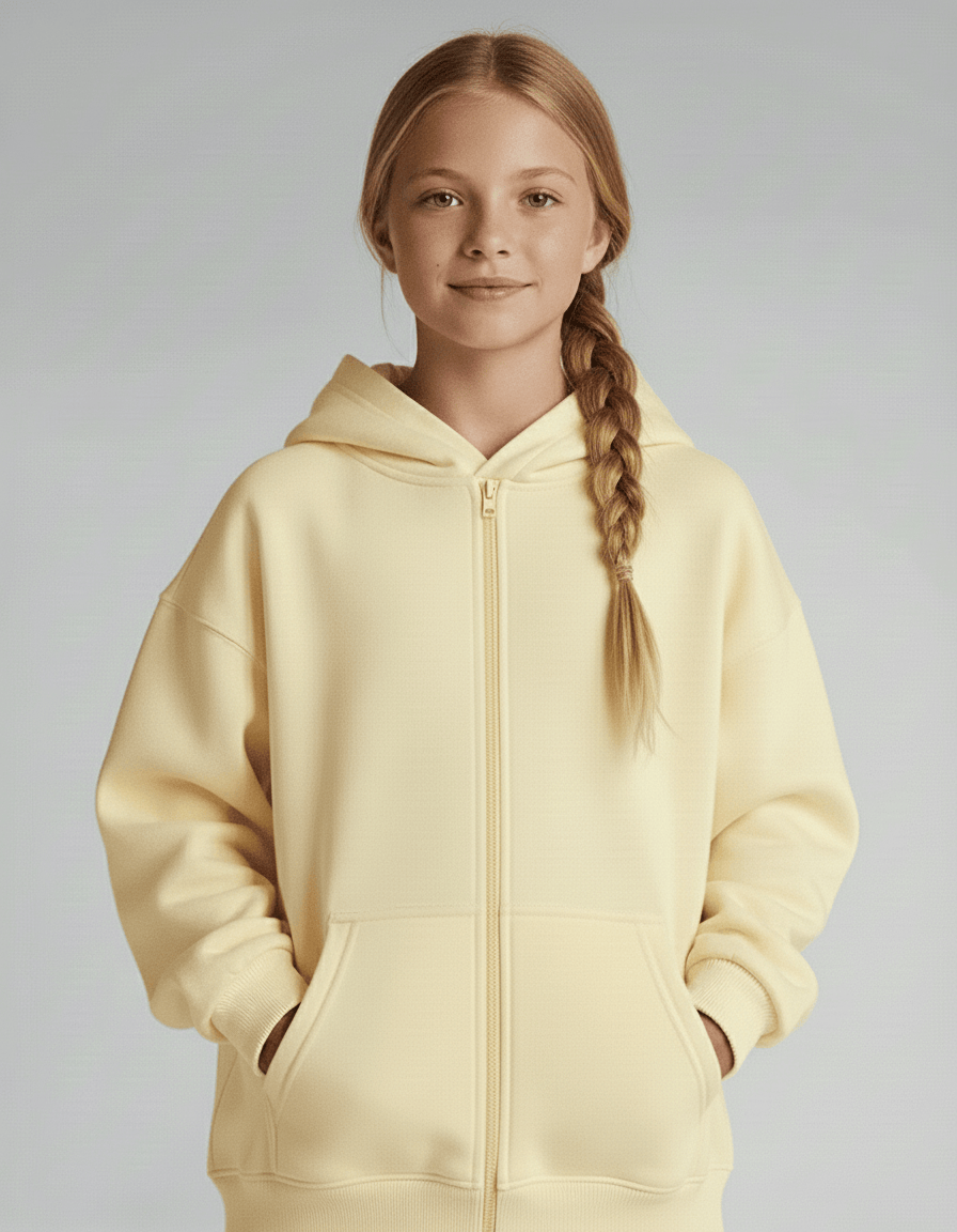 Young girl wearing a light yellow hoodie against a plain background